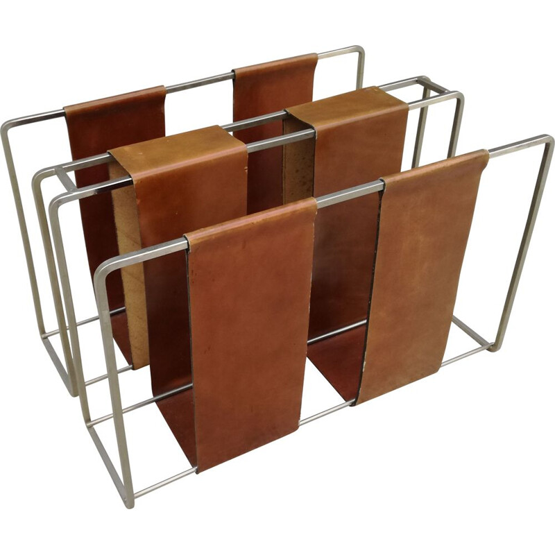 Vintage metal and minimalist camel leather magazine rack