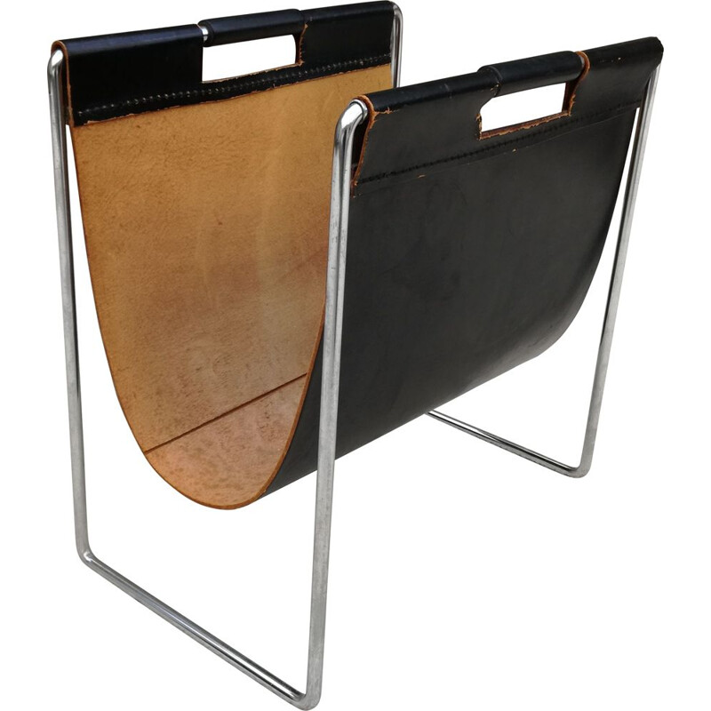 Vintage leather and chrome magazine rack by Brabantia, 1960