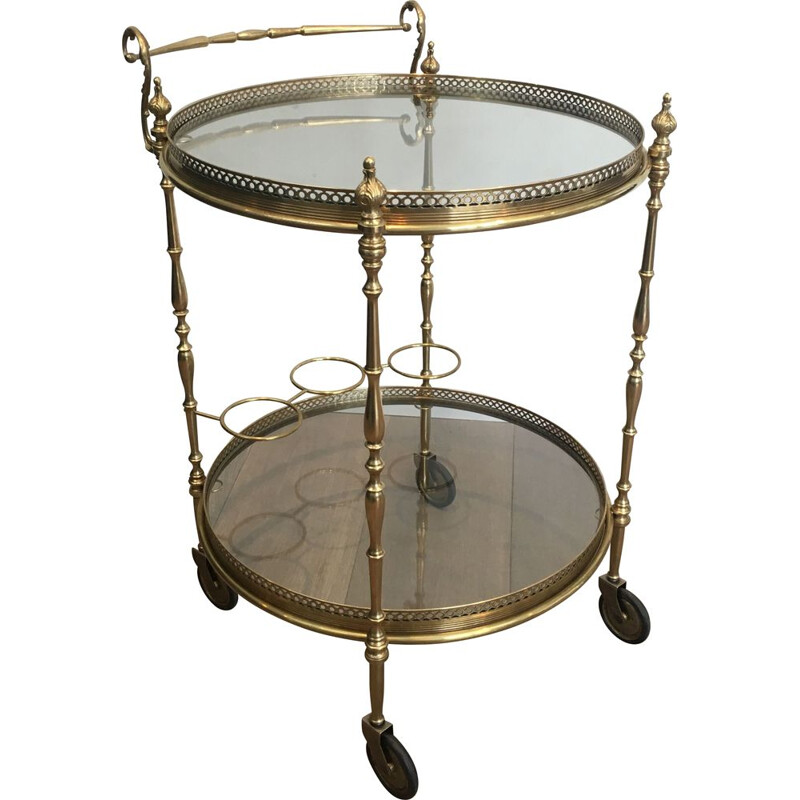 Vintage brass and glass table on wheels, 1940