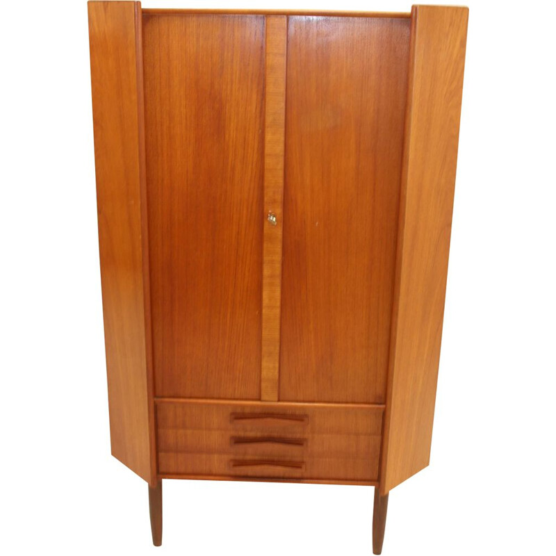 Vintage corner cupboard teak with three drawers and doors Danish