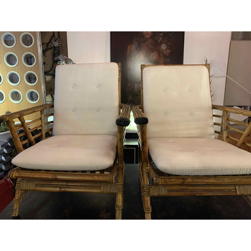 Pair of vintage bamboo armchairs by "Maisons & Jardins" 1960
