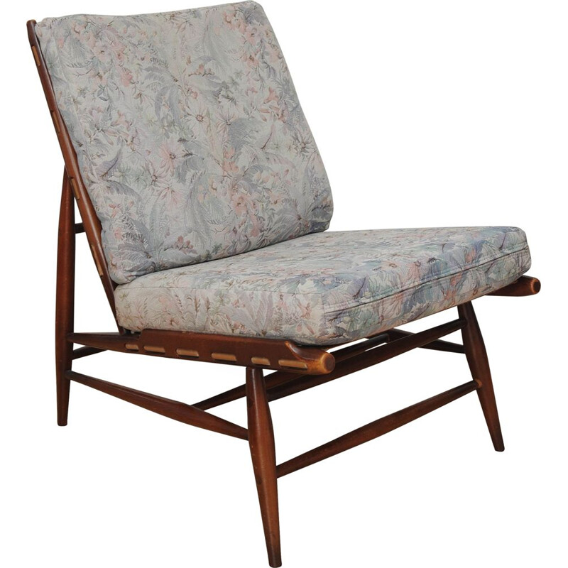 Vintage Ercol Model 427 Lounge Chair Medium Brown Finish and Original Upholstery of Floral - 1960s