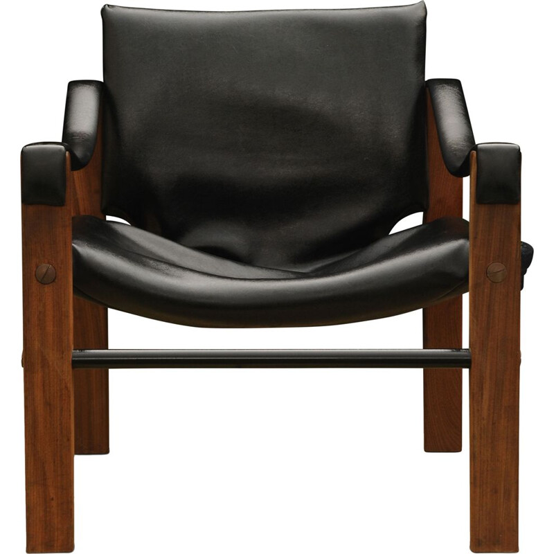 Mid-Century Black Vinyl & Teak Safari Chair by Maurice Burke for Arkana, 1960s