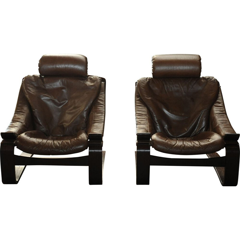 Pair of Vintage Brown Leather Hook Lounge Chair by Åke Fribytter for Nelo Möbel, 1970s