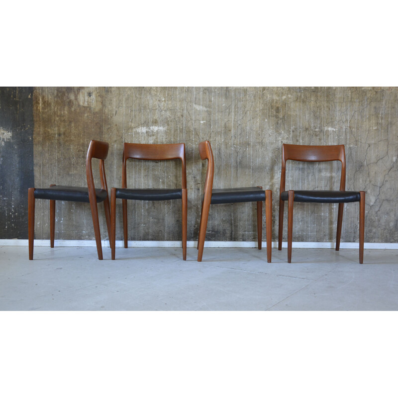 Set of 4 teak and leather J.L. Mollers Mobelfabrik "77" chairs, Niels O. MOLLER - 1960s