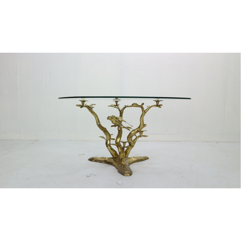 Vintage Sculpture Coffee Table, Belgium Willy Daro Brass & Glass Tree & Birds 1970s