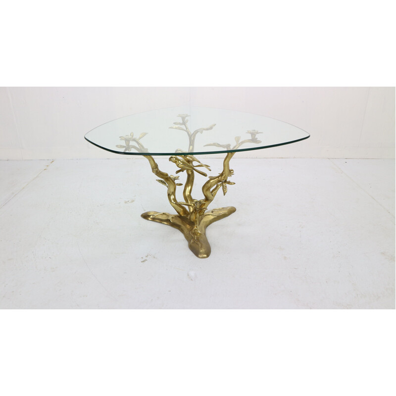 Vintage Sculpture Coffee Table, Belgium Willy Daro Brass & Glass Tree & Birds 1970s