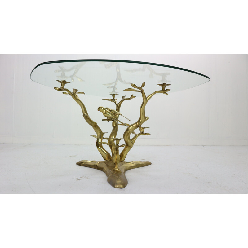 Vintage Sculpture Coffee Table, Belgium Willy Daro Brass & Glass Tree & Birds 1970s