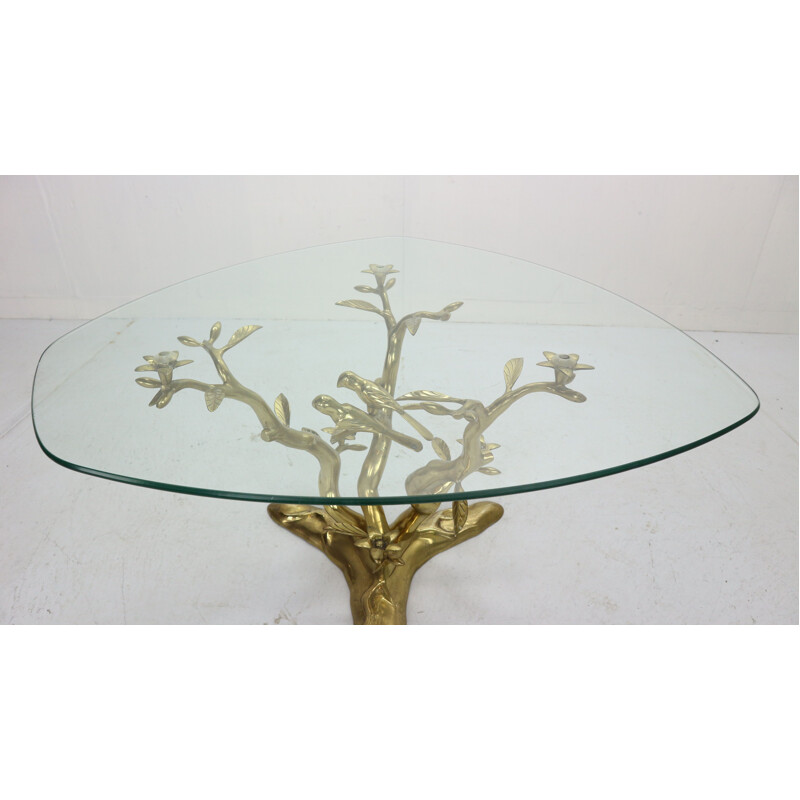 Vintage Sculpture Coffee Table, Belgium Willy Daro Brass & Glass Tree & Birds 1970s