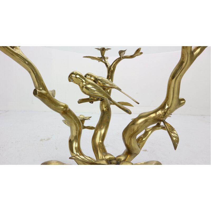 Vintage Sculpture Coffee Table, Belgium Willy Daro Brass & Glass Tree & Birds 1970s