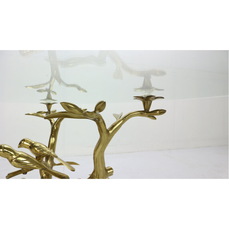 Table basse de sculpture vintage, Belgique Willy Daro en laiton et verre Arbre et oiseaux 1970