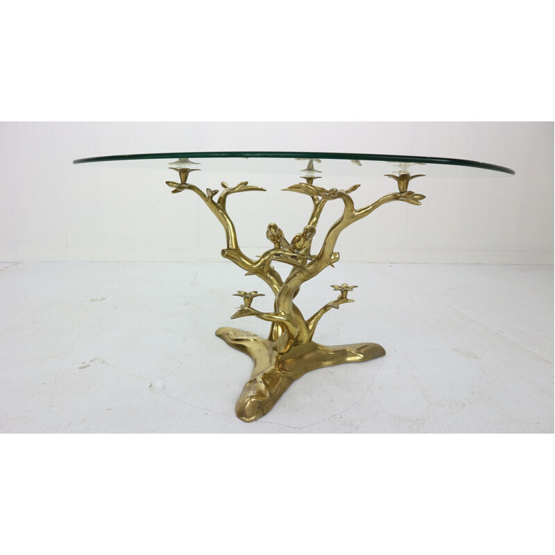 Vintage Sculpture Coffee Table, Belgium Willy Daro Brass & Glass Tree & Birds 1970s