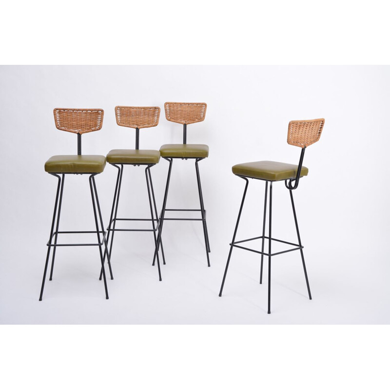Set of 4 vintage wicker bar stools by Herta Maria Witzemann for Erwin Behr, 1950