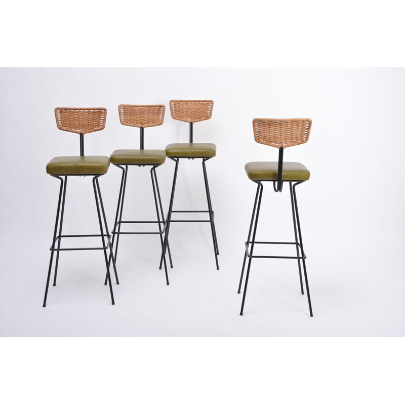 Set of 4 vintage wicker bar stools by Herta Maria Witzemann for Erwin Behr, 1950