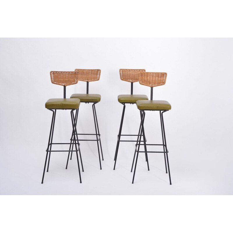 Set of 4 vintage wicker bar stools by Herta Maria Witzemann for Erwin Behr, 1950