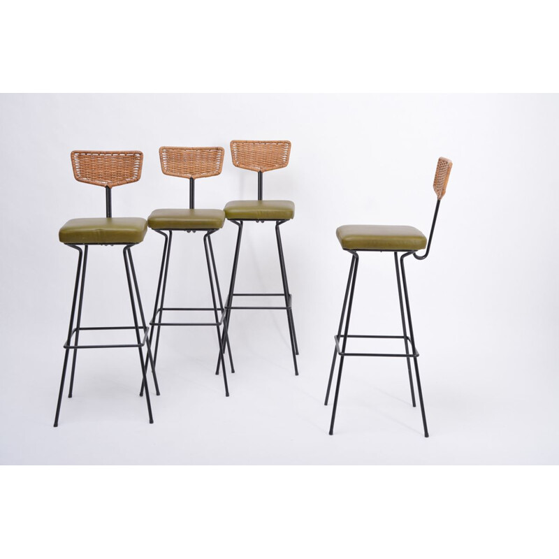 Set of 4 vintage wicker bar stools by Herta Maria Witzemann for Erwin Behr, 1950