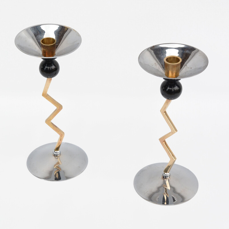 Pair of vintage brass candlesticks Memphis, India 1980s