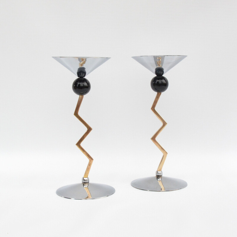 Pair of vintage brass candlesticks Memphis, India 1980s