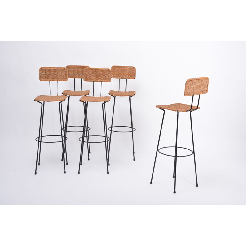 Set of 5 vintage wicker bar stools by Gian Franco Legler, 1951