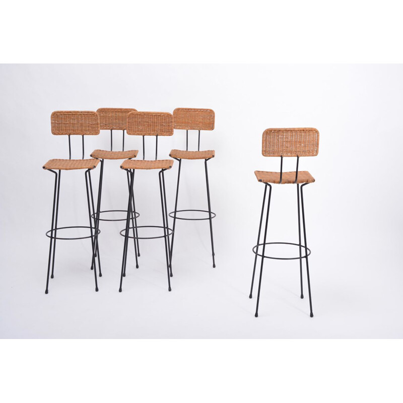 Set of 5 vintage wicker bar stools by Gian Franco Legler, 1951