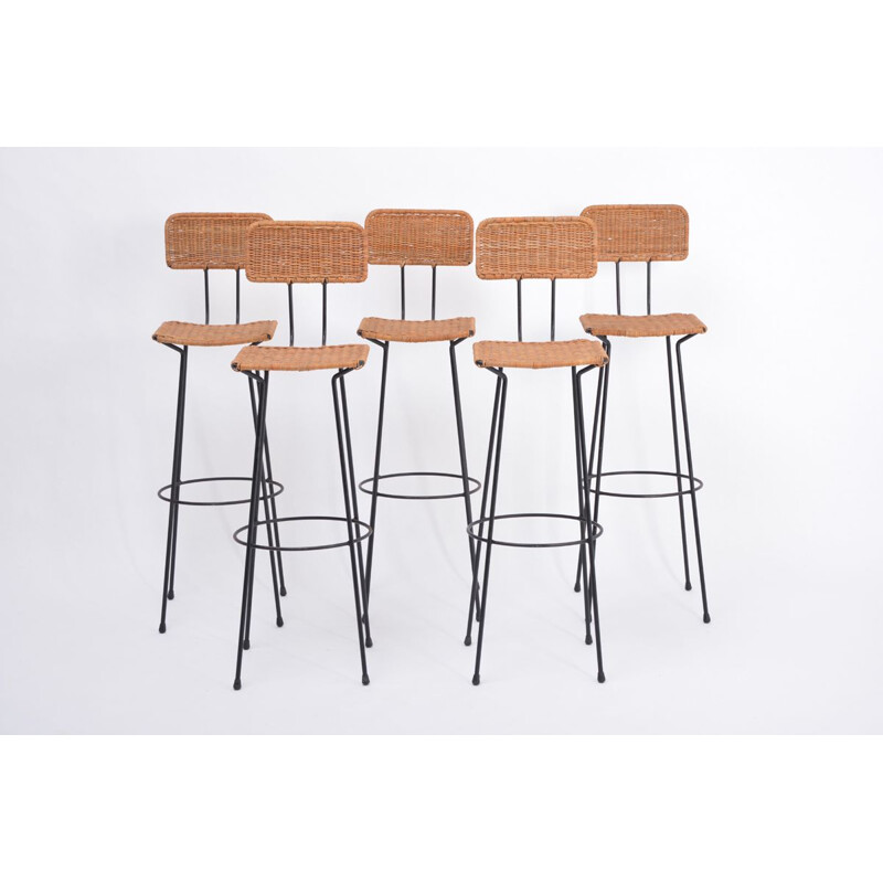 Set of 5 vintage wicker bar stools by Gian Franco Legler, 1951