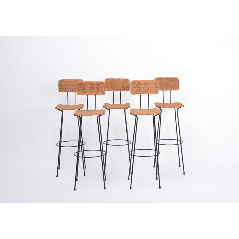 Set of 5 vintage wicker bar stools by Gian Franco Legler, 1951