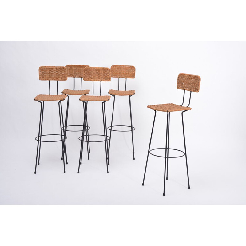 Set of 5 vintage wicker bar stools by Gian Franco Legler, 1951