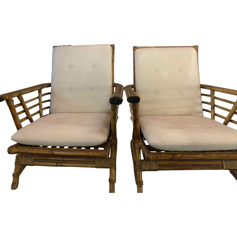 Pair of vintage bamboo armchairs by "Maisons & Jardins" 1960