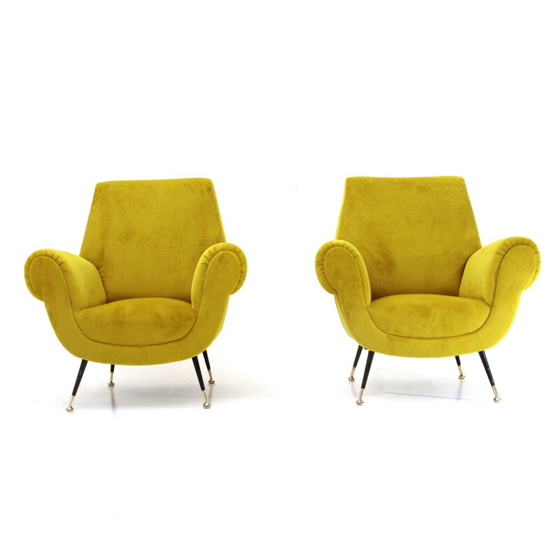 Pair of vintage ocher velvet armchairs, Italian 1950