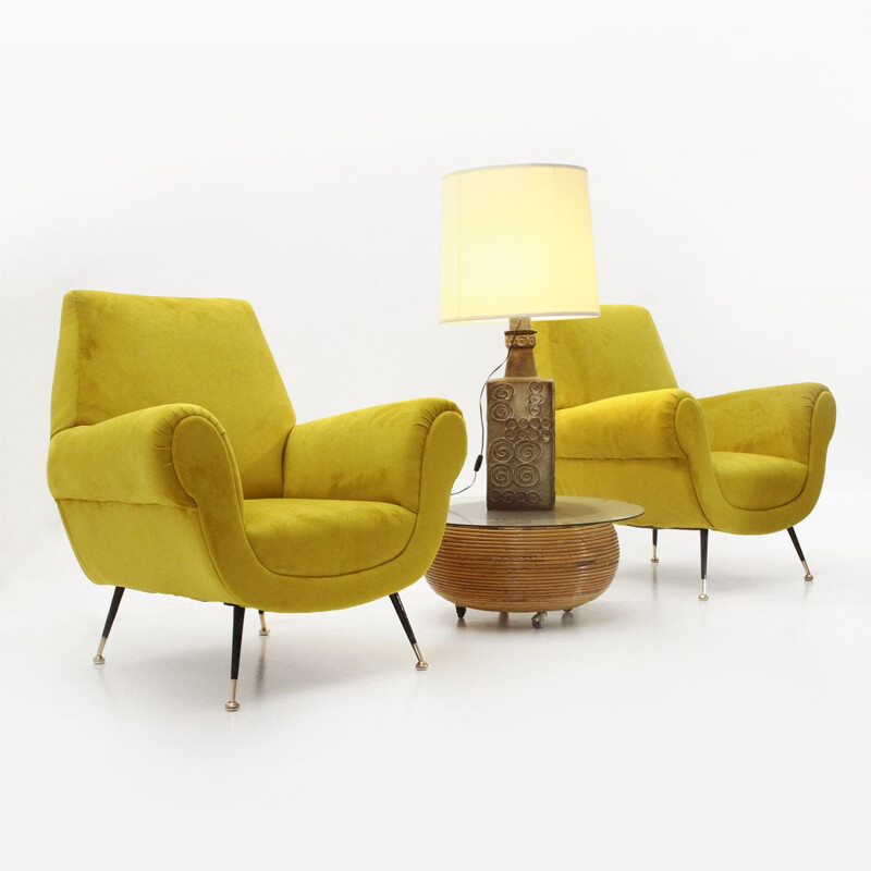 Pair of vintage ocher velvet armchairs, Italian 1950