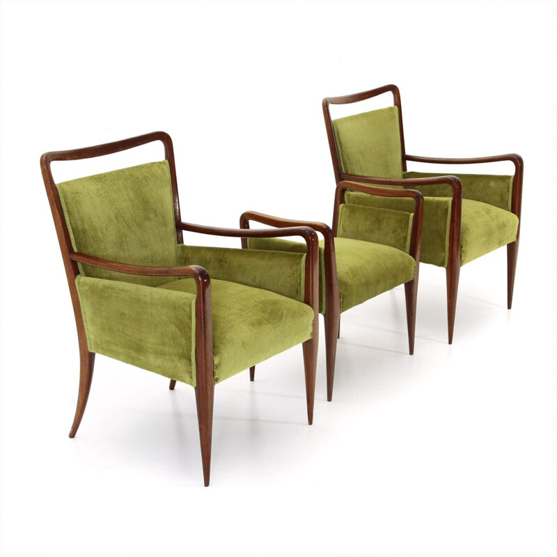 Pair of Italian green velvet armchairs with ottoman, 1940