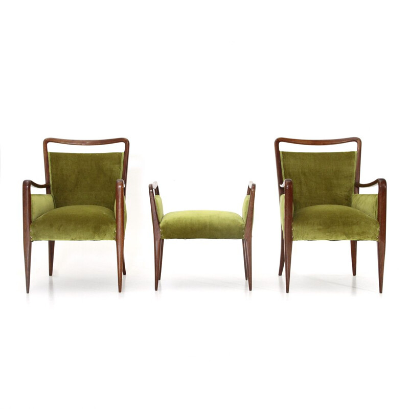 Pair of Italian green velvet armchairs with ottoman, 1940