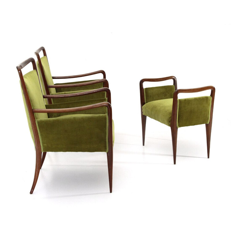 Pair of Italian green velvet armchairs with ottoman, 1940