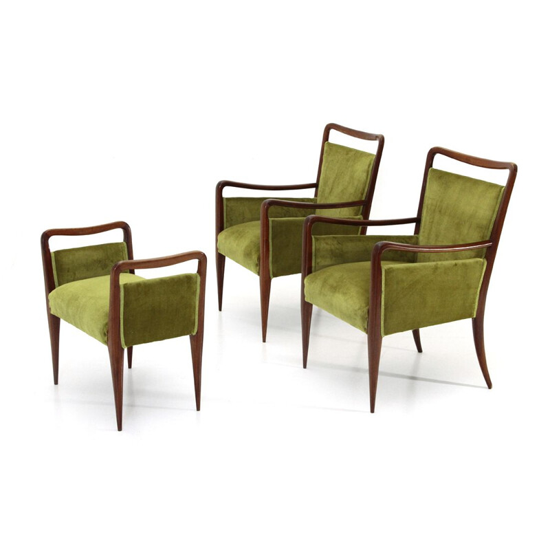 Pair of Italian green velvet armchairs with ottoman, 1940