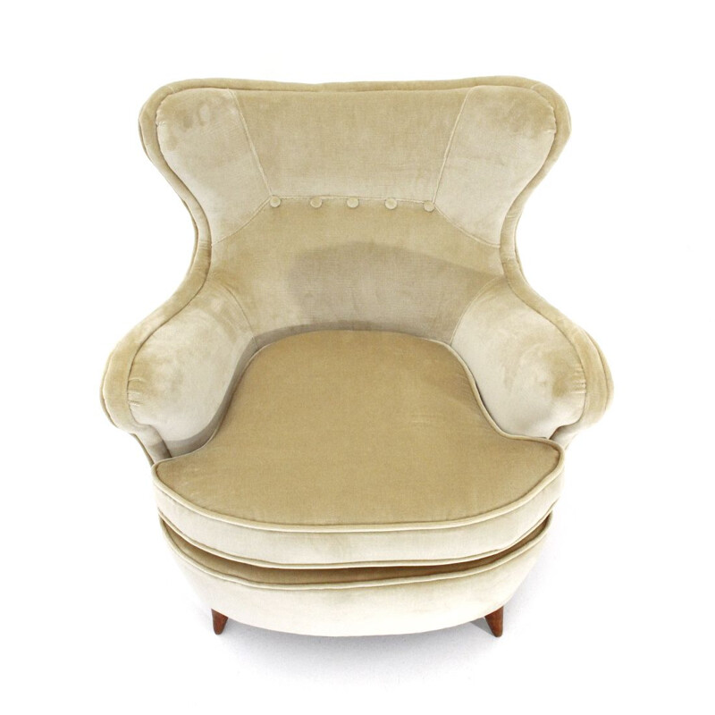 Pair of vintage cream white velvet armchairs, Italian 1940