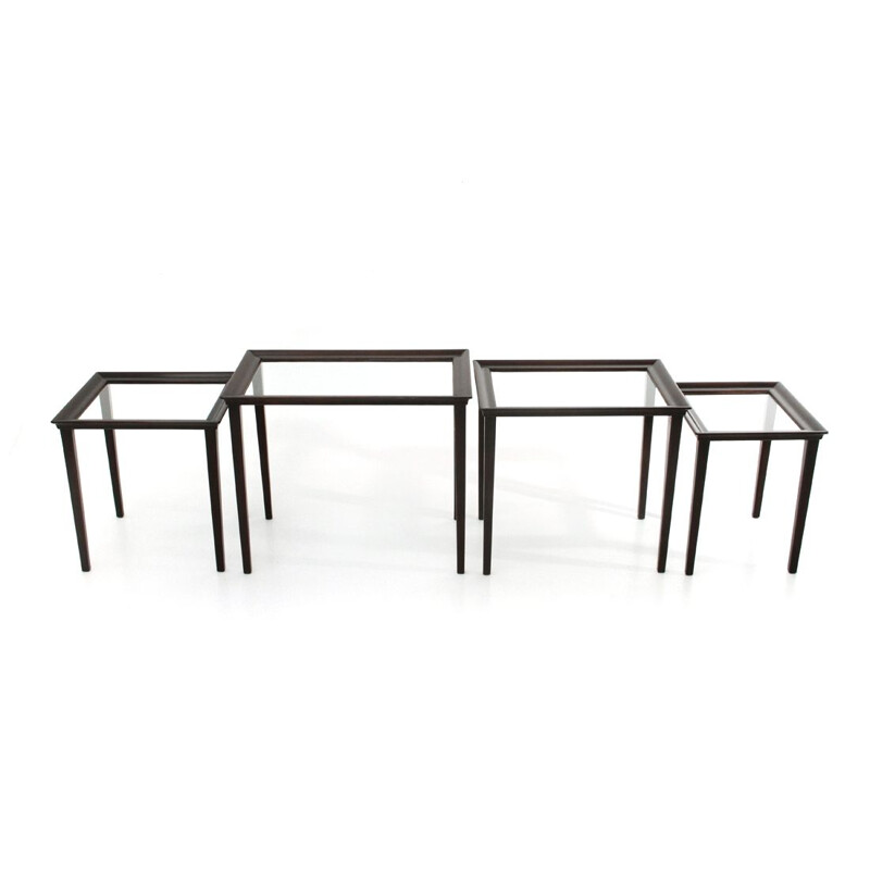 Set of 4 nesting vintage tables in wood and glass,Italian 1940