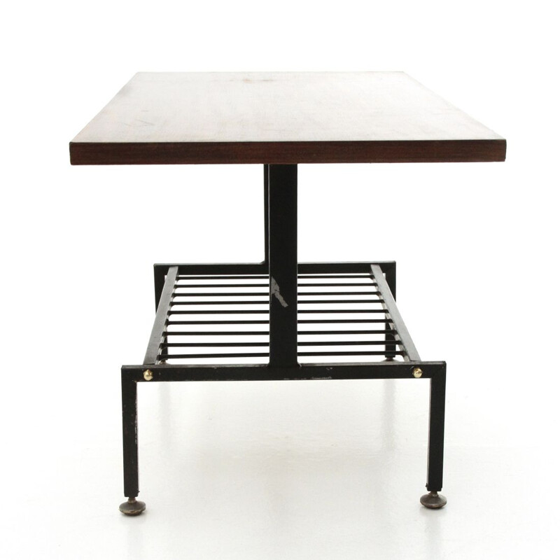  Black painted metal vintage coffee table with teak top, 1950