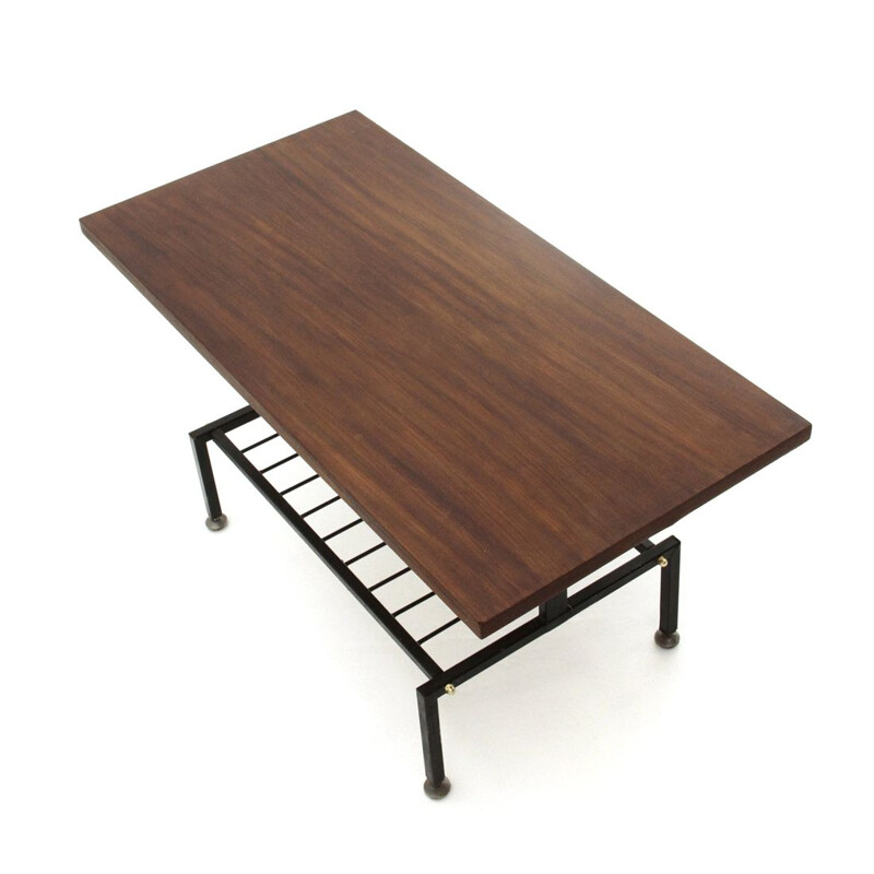  Black painted metal vintage coffee table with teak top, 1950