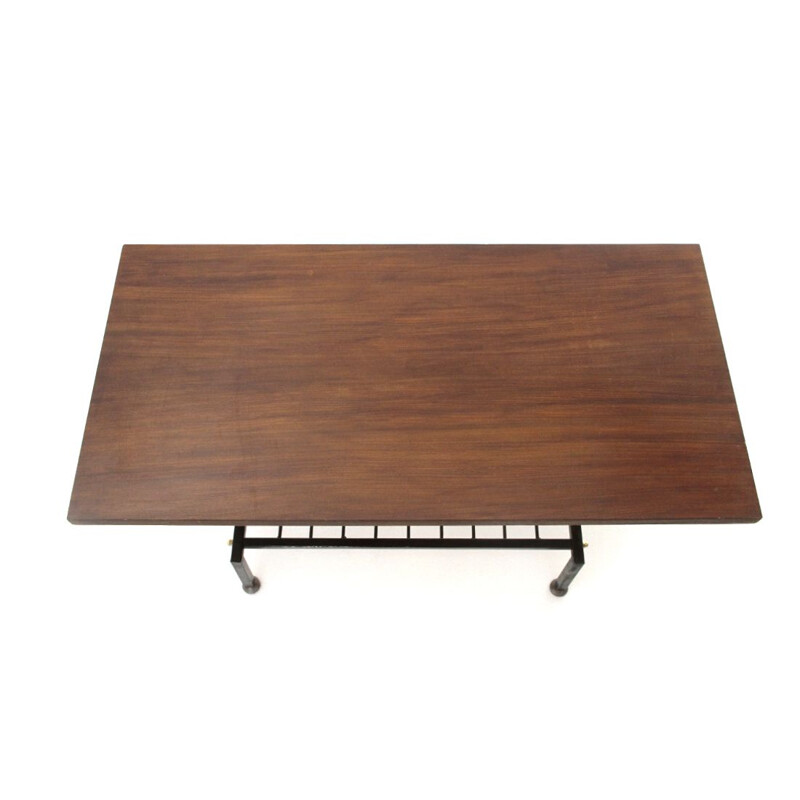  Black painted metal vintage coffee table with teak top, 1950