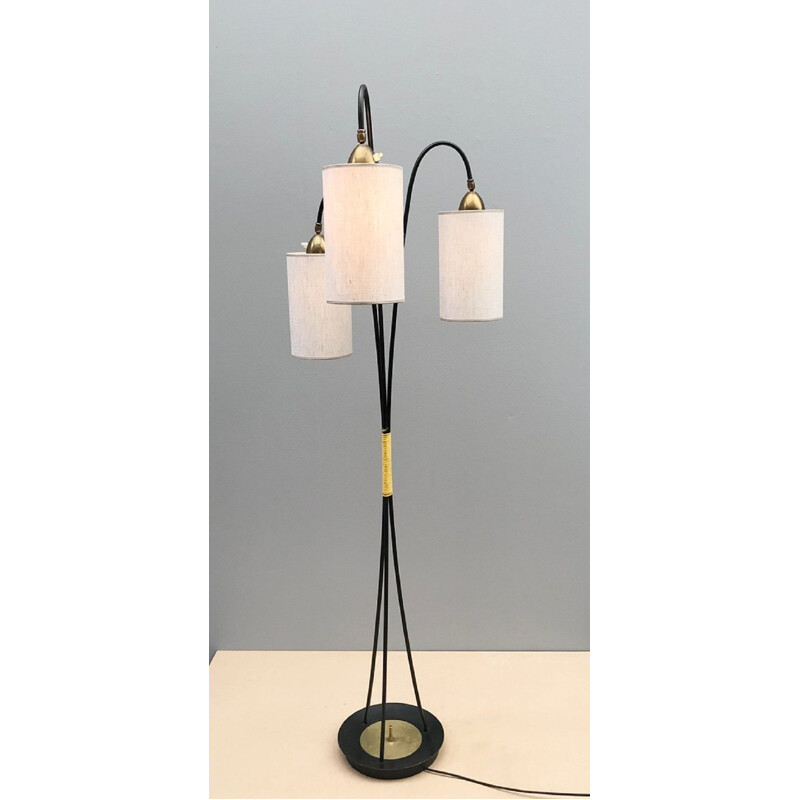 Vintage 3-lichts vloerlamp met stoffen kap