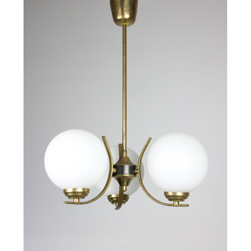 Vintage sputnik brass & opaline glass ceiling lamp