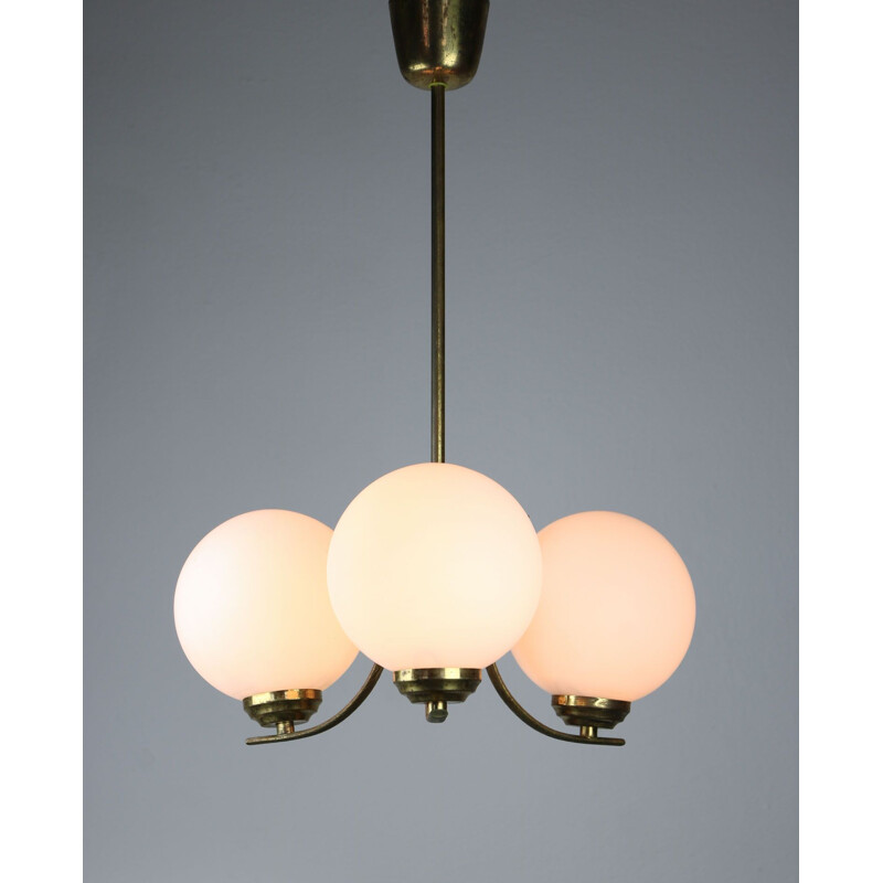 Vintage sputnik brass & opaline glass ceiling lamp