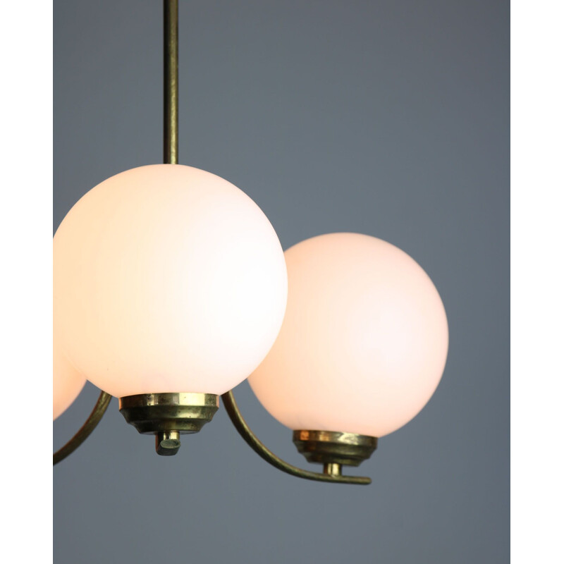 Vintage sputnik brass & opaline glass ceiling lamp