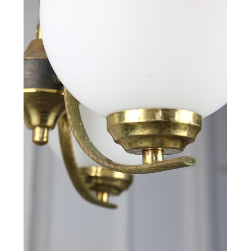 Vintage sputnik brass & opaline glass ceiling lamp