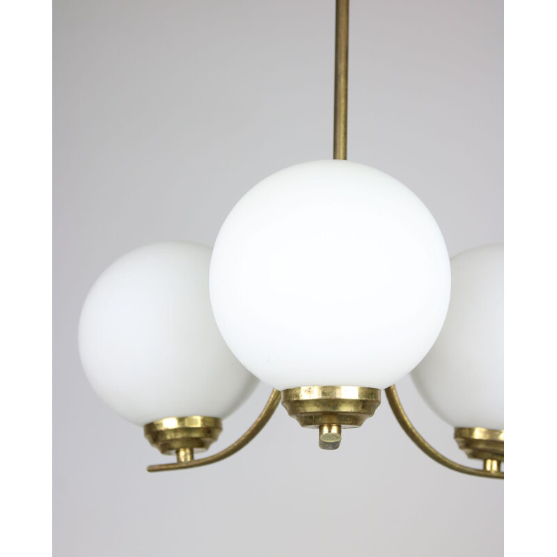 Vintage sputnik brass & opaline glass ceiling lamp