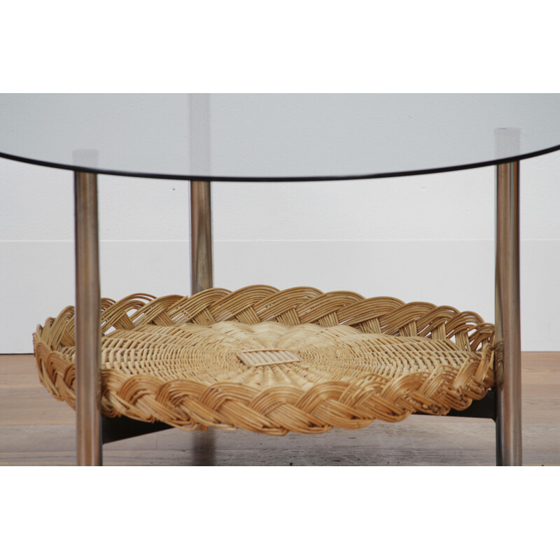 Mosaic and glass coffee table with rattan basket - 1960s