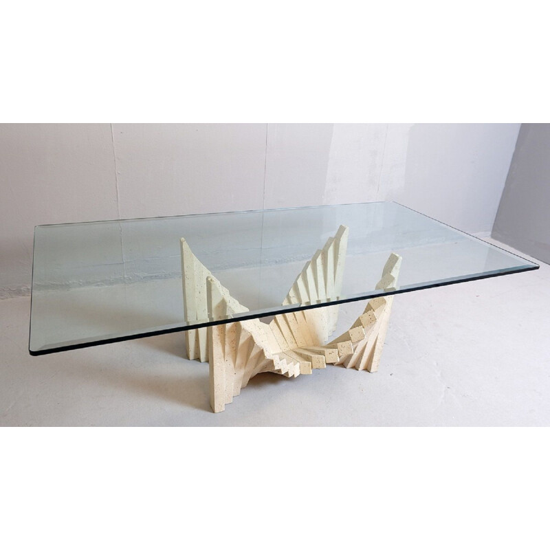 Vintage Travertine Coffee Table with Glass Top