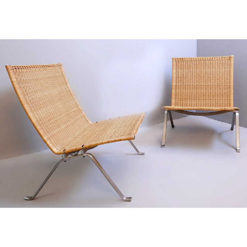 Pair Of Vintage 'PK-22' Steel And Wicker Armchairs, by Poul Kjaerholm and Fritz Hansen, Denmark 1990