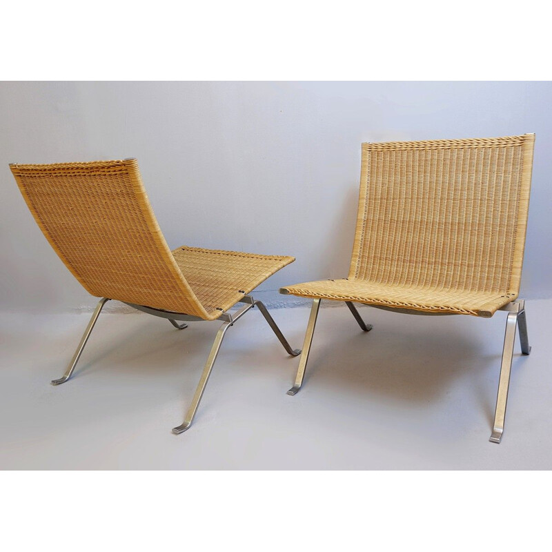 Pair Of Vintage 'PK-22' Steel And Wicker Armchairs, by Poul Kjaerholm and Fritz Hansen, Denmark 1990