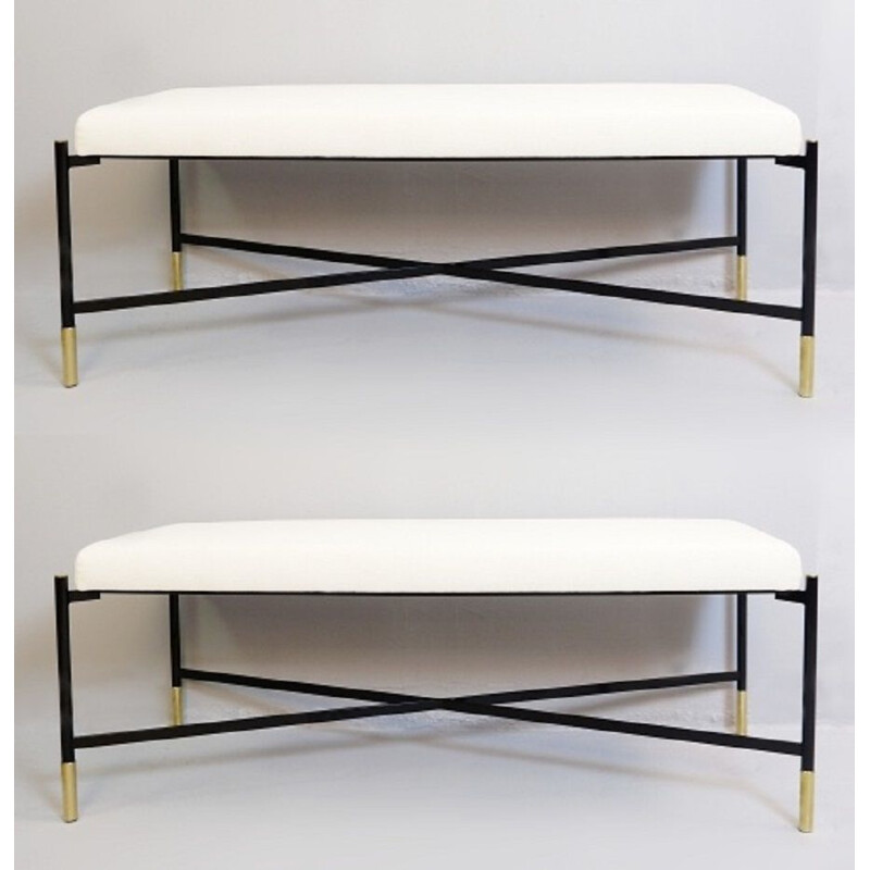Pair of Vintage Benches 125 cm new creamy white fabric with black metal legs
